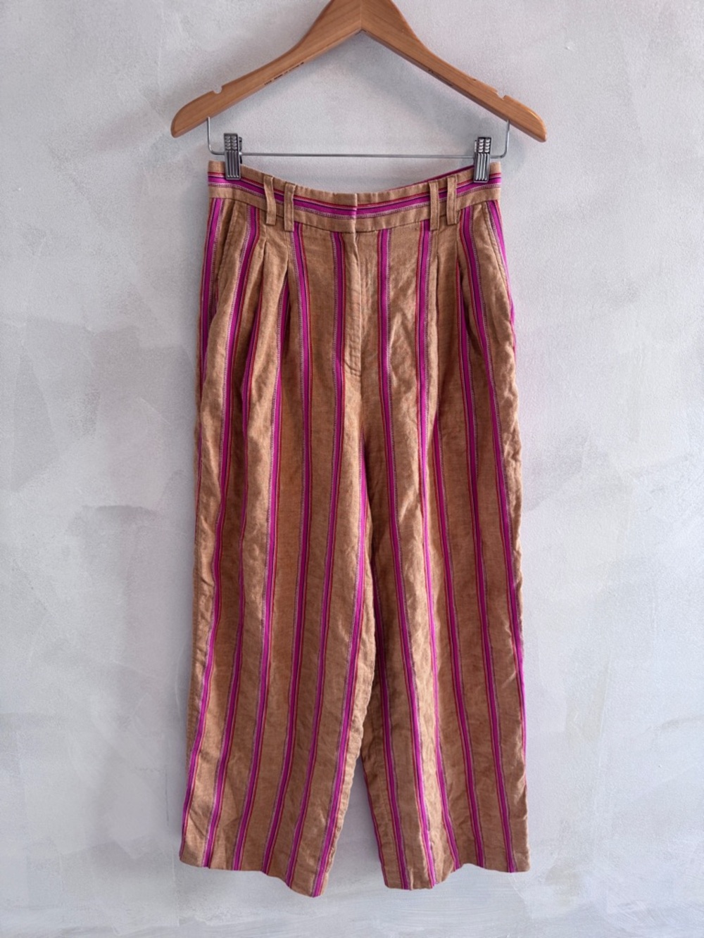 Tara Jarmon - Tan & Pink Striped Linen/Cotton Blend Wide-Leg Pants